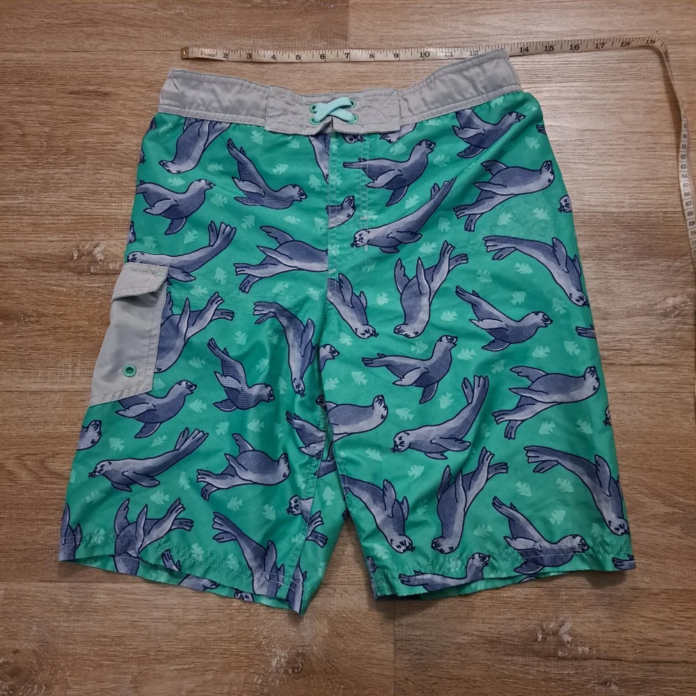 Cat & Jack Kid's Teal Blue Green Sea Lion Print Swim Shorts Drawstring Boy's XL